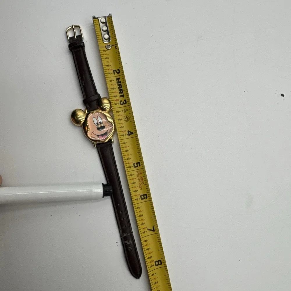 VTG LORUS Goldtone MICKEY MOUSE watch Lotus Brown Faux Leather Peeling Untested